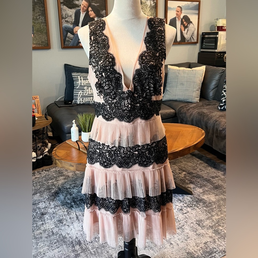 BCBGMaxAzria Black and Pink Plunge Neck Mini Dress - Women’s Size 8